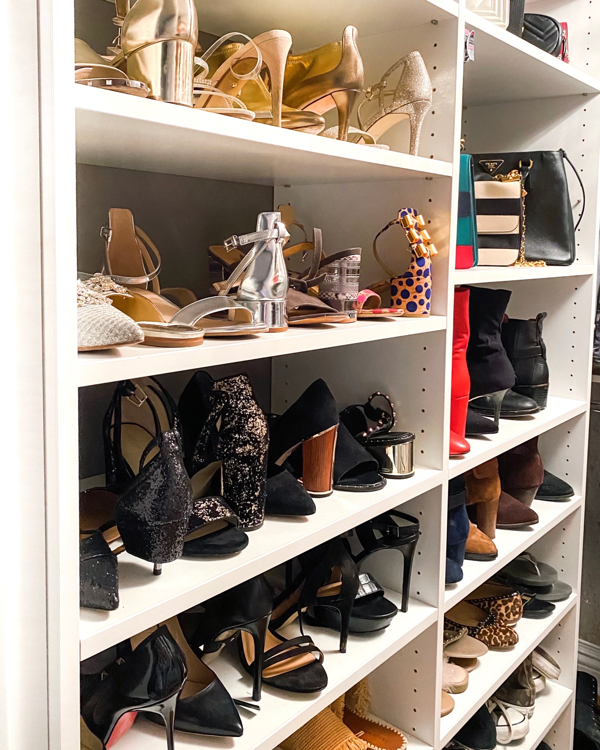 Closet with Beautiful High Heeled Shoes and Handbags on White Shelves | thetidyspot.com